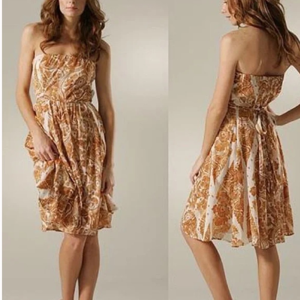 DVF Chele Tan and Cream Bustier Strapless Boho Floral Dress | Size 2